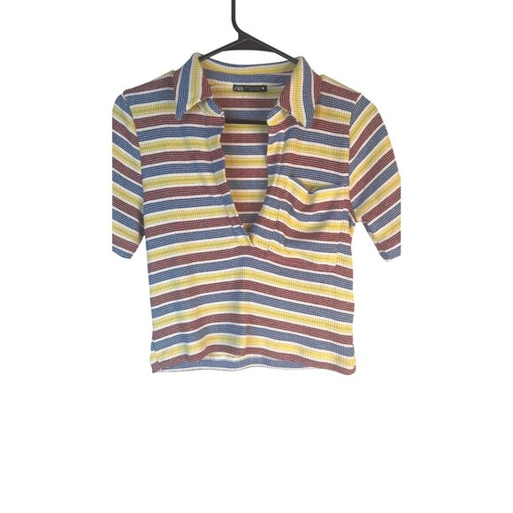 2/$25 ZARA Striped Medium Vintage Ribbed Knit V Neckline Polo Shirt - Picture 10 of 12